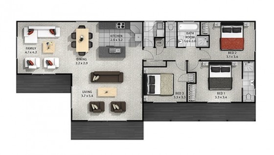 Plano de casa de una planta y tres dormitorios 003