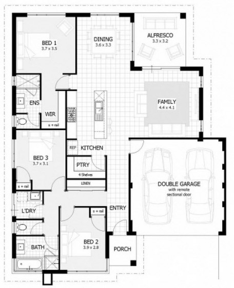 Plano de casa un piso con tres dormitorios 004