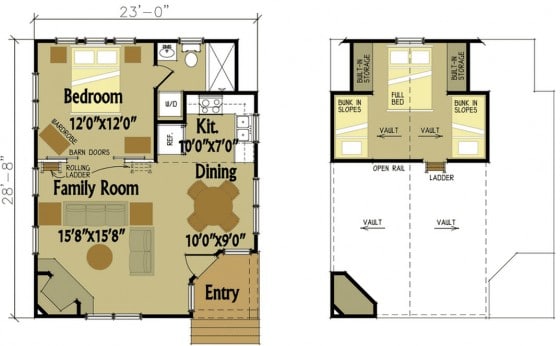 Plano de pequeña casa de campo de dos dormitorios
