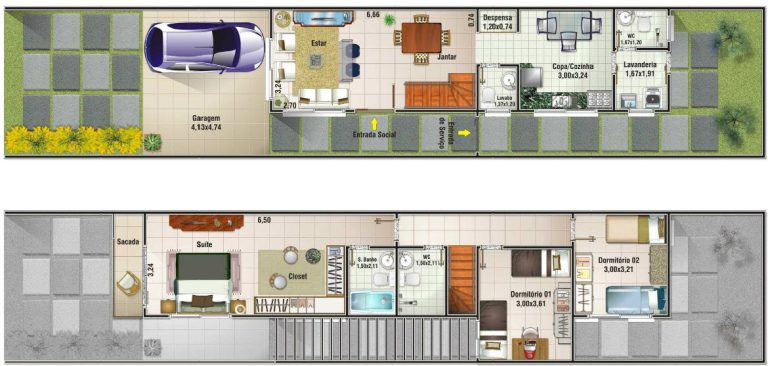 Planos de casa angosta de dos pisos, moderna construcción de 125 m²
