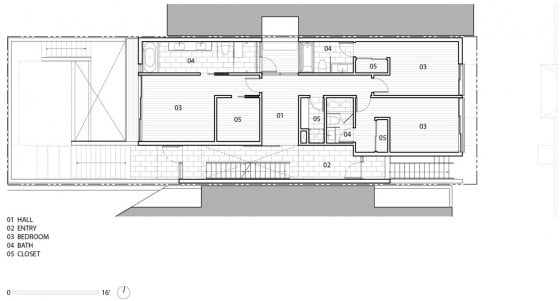 Plano de casa de tres pisos con negocio