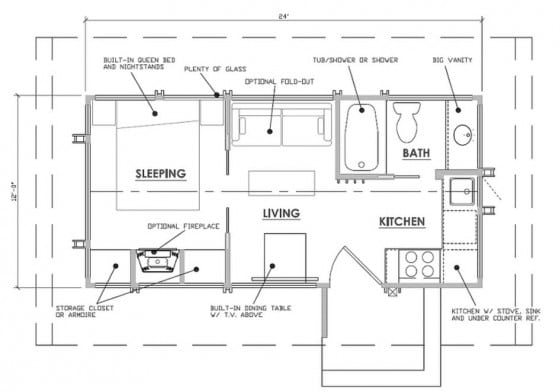 Plano de casa pequeña de madera de un dormitorio
