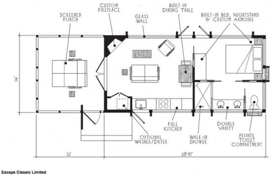 Plano de casa pequeña de un dormitorio con terraza
