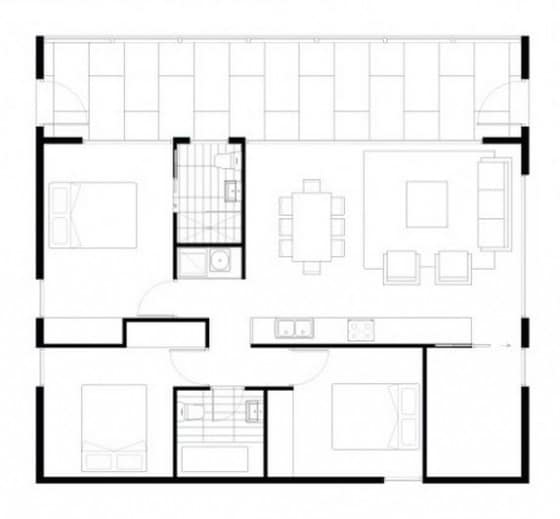 Plano de casa autosustentable de tres dormitorios
