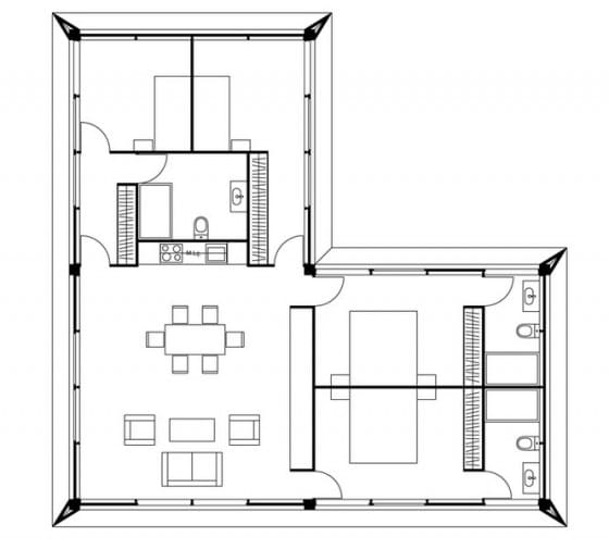 Plano de casa prefabricada en forma de L