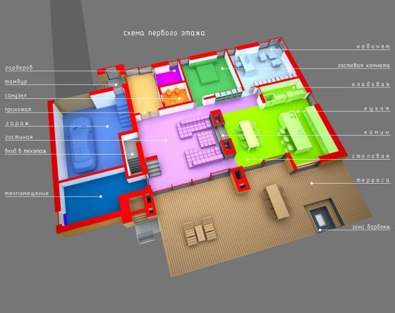 Plano 3D de casa de madera de dos pisos mas sótano
