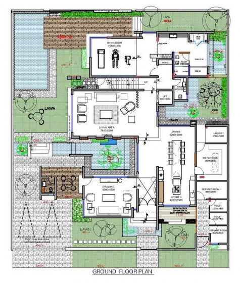 Plano de casa moderna de tres pisos - primer nivel