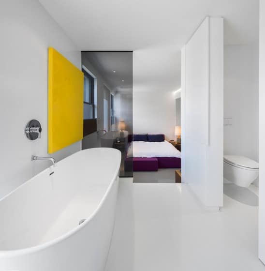 Diseño de cuarto de baño moderno con vista al dormitorio