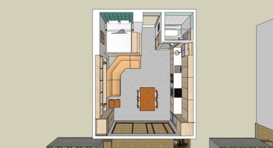 Plano 3D de departamento de un dormitorio