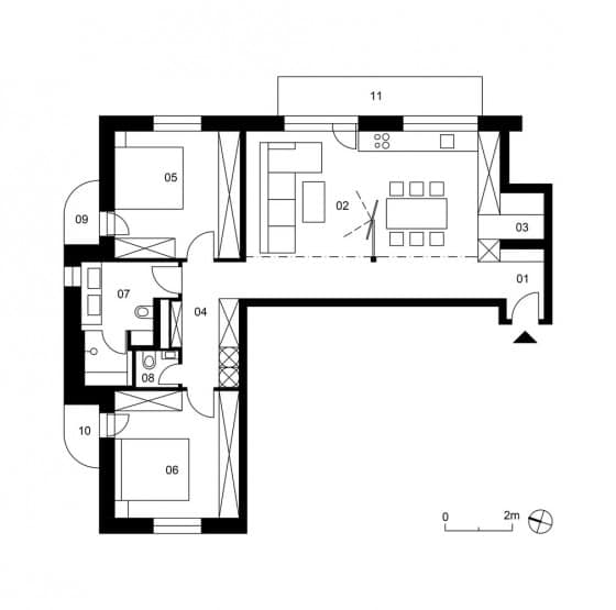 Plano de departamento loft en forma de L