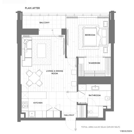 Plano de departamento de un dormitorio Planos de departamento pequeño de 64 m²