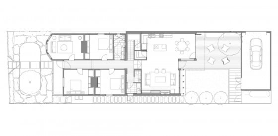 Plano de casa de un piso y tres dormitorios