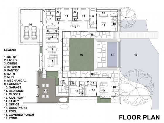 Plano de casa de un piso de 445 metros cuadrados