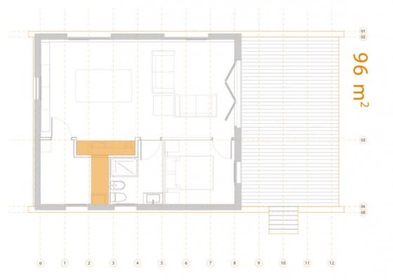 Plano casa pequeña de 96 metros cuadrados