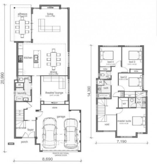 Plano de casa de dos pisos cuatro dormitorios