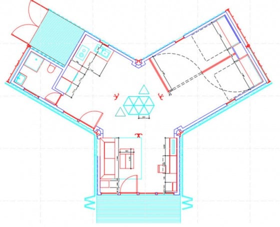 Plano de casa reciclada forma de Y