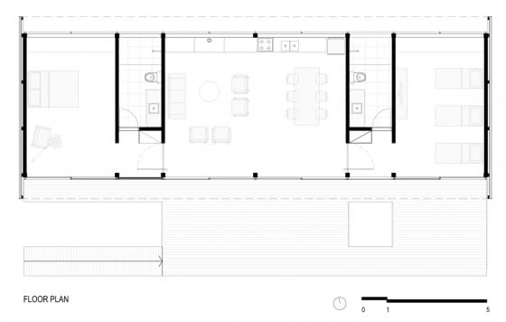 Plano de casa rectangular de dos dormitorios