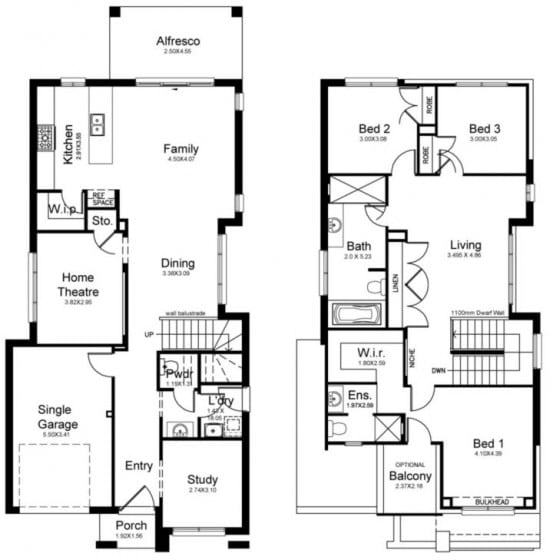 Planos de casa de dos pisos pequeña de tres dormitorios 