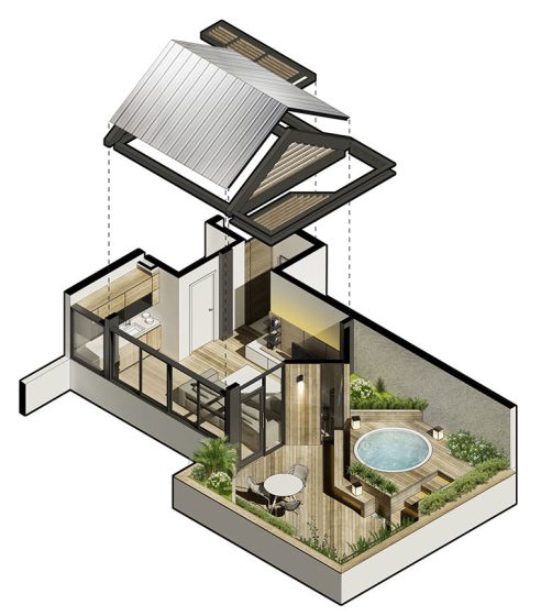 Plano 3D diseño de terraza en azotea