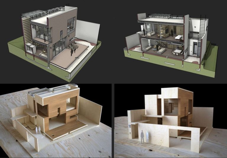 Planos de pequeña casa de dos pisos, estructura moderna con características sustentables
