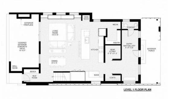 Plano de casa de dos pisos - sala comedor y cocina