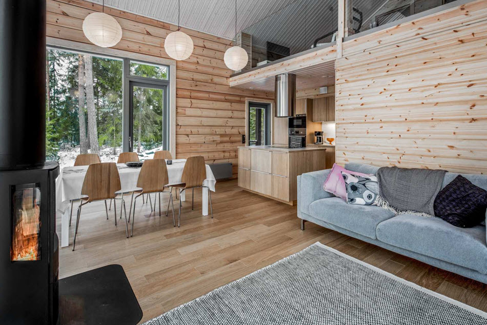 Diseño de interiores madera casa de campo sala, comedor y cocina