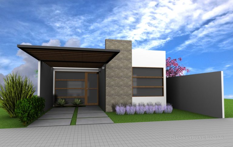 Idea de casa de un piso construida en pequeño terreno, planos y fachada