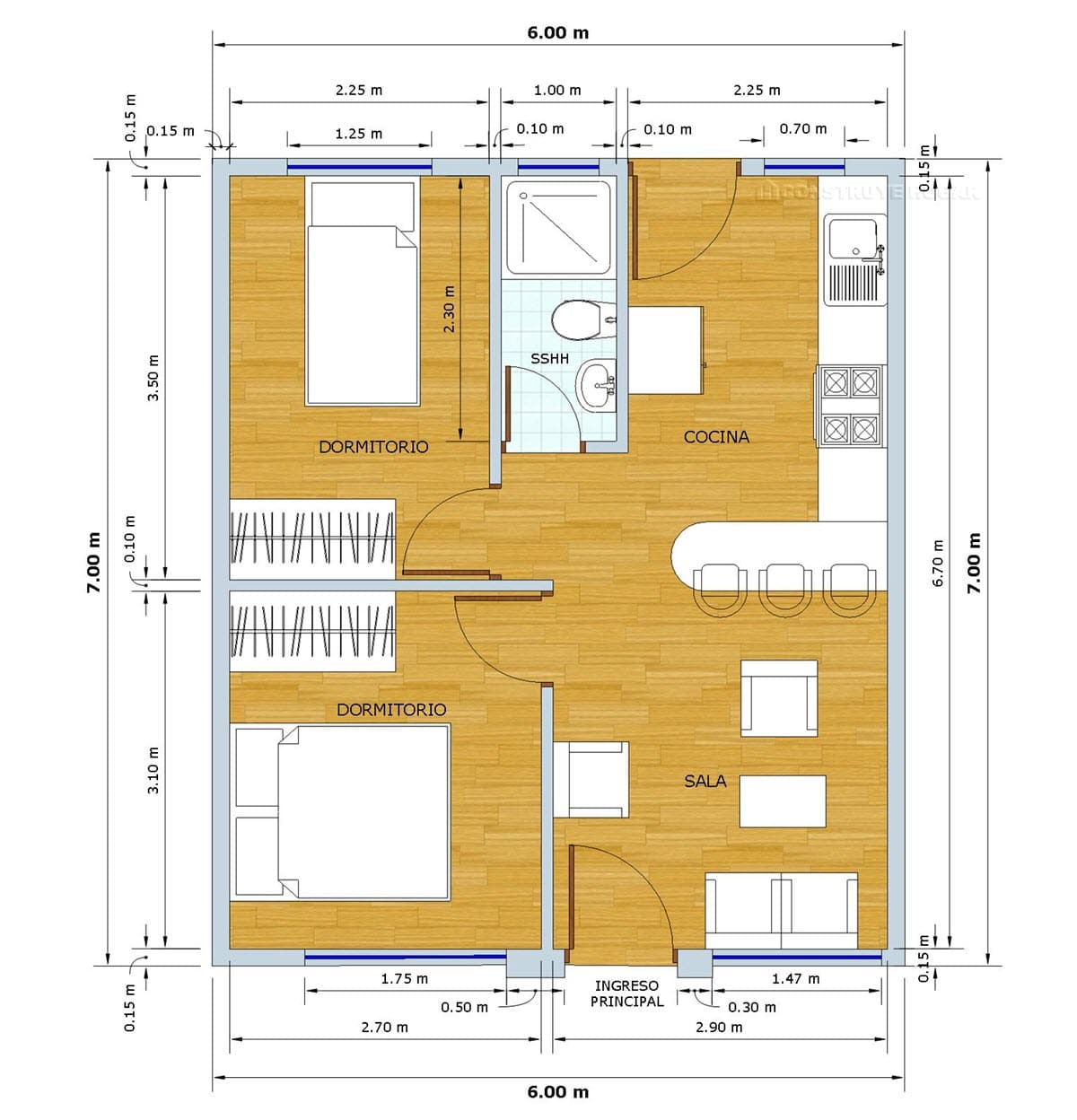 Planos de casa pequeña de 42 metros cuadrados