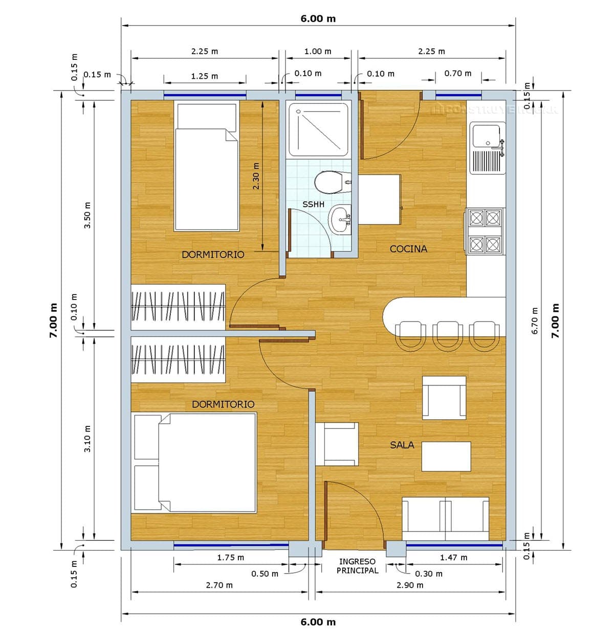 Plano de casa pequeña 42 metros cuadrados