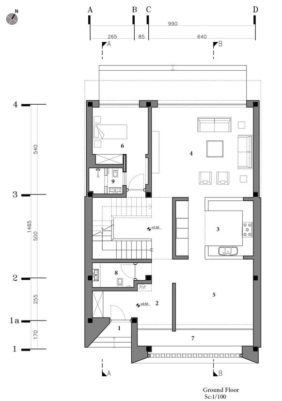 Plano de casa moderna de dos niveles