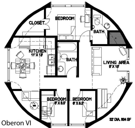 Plano casa circular tres dormitorios 