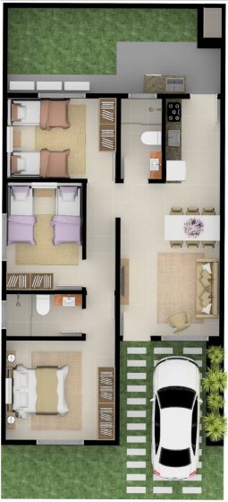 Plano de casa pequeña de un piso y tres dormitorios