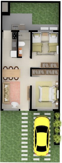 Plano pequeña casa de un piso dos dormitorios