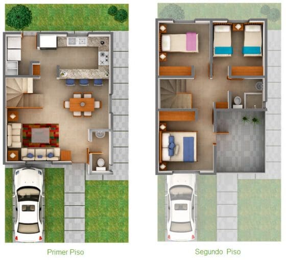 Plano 3D casa pequeña dos pisos