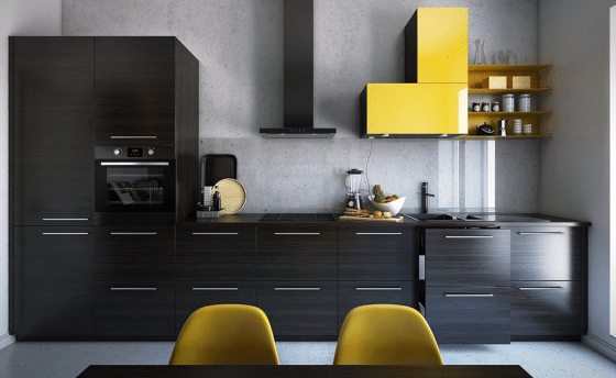 Diseño de cocina con formica gris y amarillo