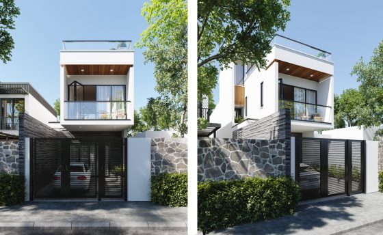 Fachada sencilla y elegante de dos pisos, amplias ventanas y estilo moderno de diseño