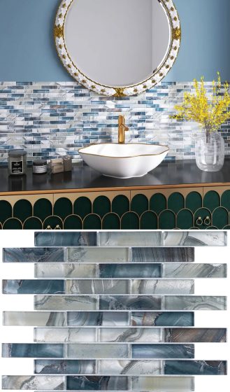 Mosaico de vidrio con colores inspirado en el océano, tonos azul verdoso. Colocación tipo malla para baños