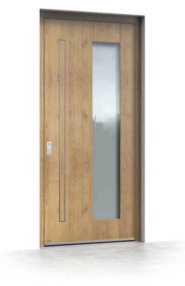 Diseño de puerta de aluminio con acabado de roble claro