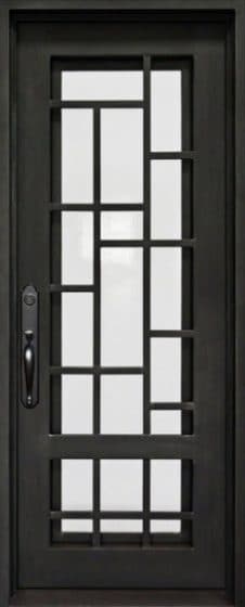 Puerta de hierro forjado de estilo moderno con cristal al centro y rejilla de protección