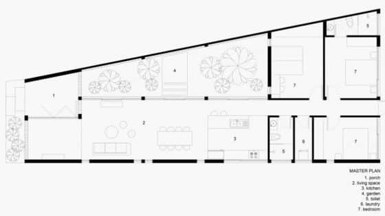 Plano de casa para terreno irregular, tiene tres dormitorios 