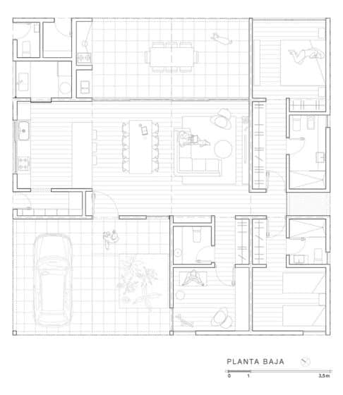 Plano de casa cuadrada de un piso 