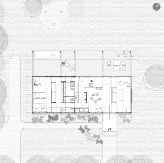 Plano de planta de 100 metros cuadrados de casa rural 
