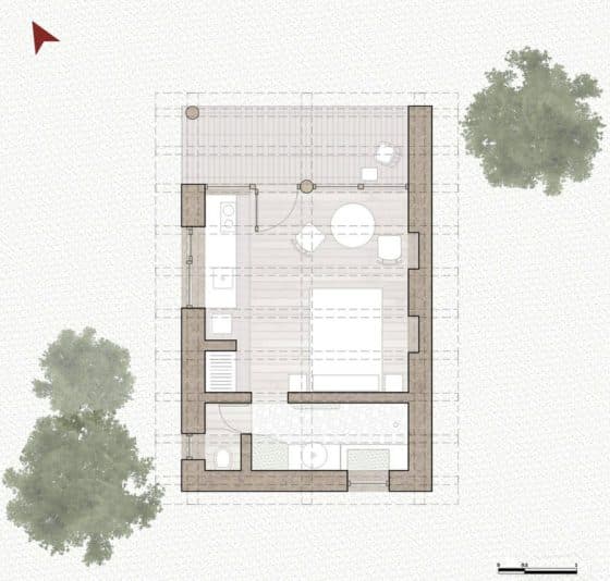Plano de cabaña pequeña de 35 metros cuadrados, tiene un dormitorio, cocina, baño y terraza 