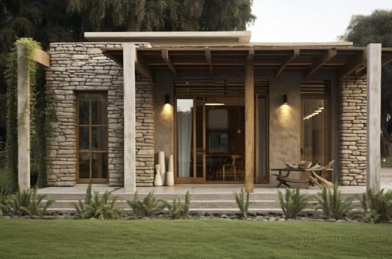 Fachada de casa rústica con  adobe y aplicaciones de piedra, techo de madera en exteriores
