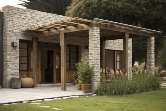 Diseño de fachada rústica con  recubrimiento de piedra, techado de madera en terraza exterior