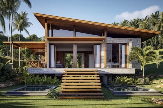 Diseño de casa moderna con fachada de techos inclinados para climas cálidos, combina madera y piedra