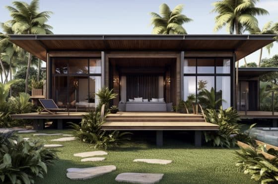 Fachada de casa de madera con techo alto, diseño para climas tropicales